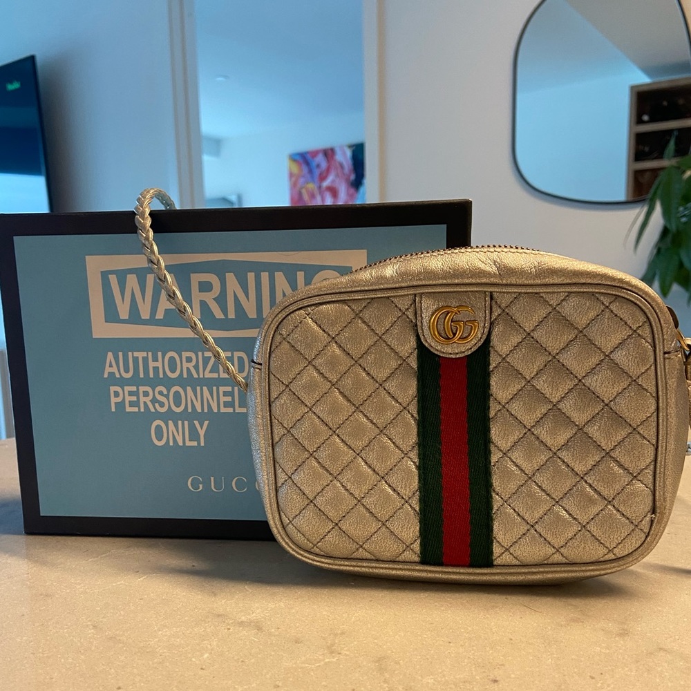 COPY - Gucci Laminated Calfskin Quilted Web Small Shoulder Bag in Silver
